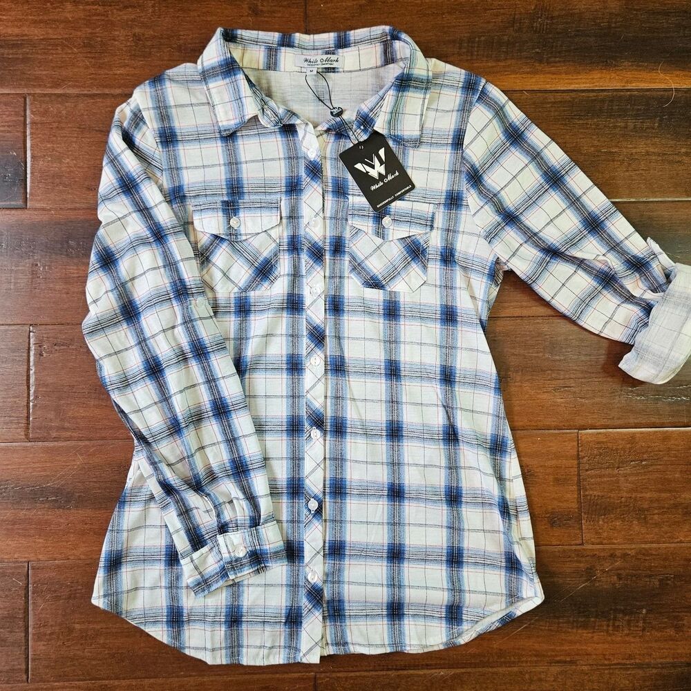 White Mark Women's Blue White Plaid Button Down Flannel Shirt Top Size M NWT